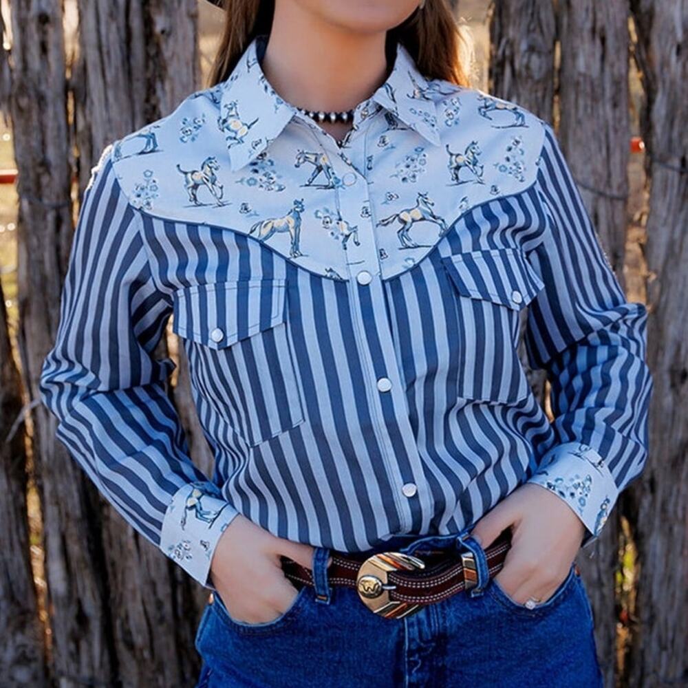 Howdy Hanny Western Button Up Womens XL Blue Cowgirl Pearl Snap Shirt De Ann